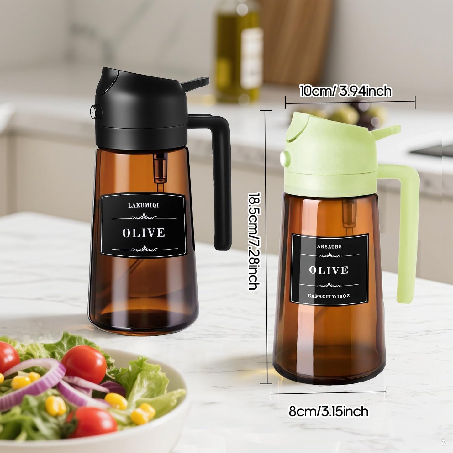 Arsatbs 16oz/470ml Olive Oil Sprayer for Cooking, 2 in 1 Oil Dispenser Bottle Spray and Pour with Stickers, Premium Dark Brown Glass Oil Bottle for Air Fryer and Salad