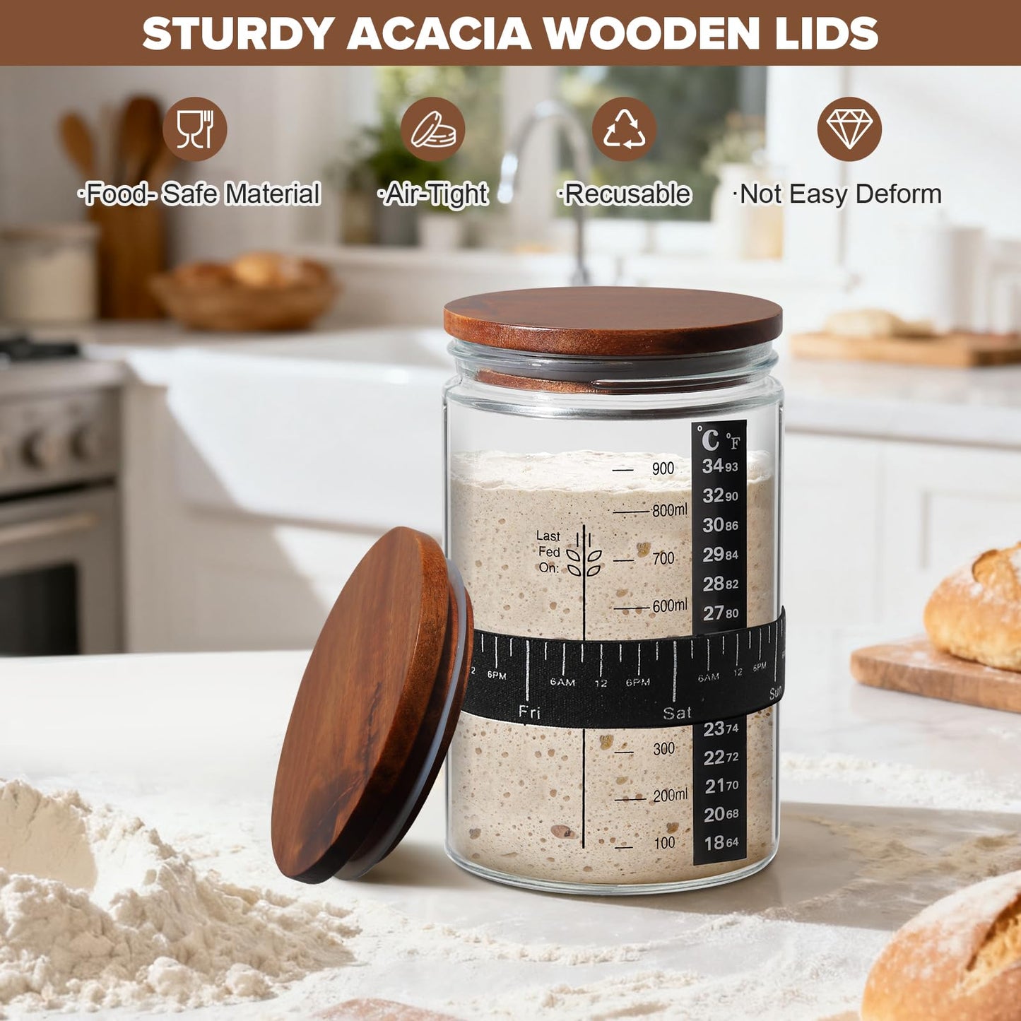 RYTOXILO Sourdough Starter Jar Kit, 34 Oz Glass Sour Dough Jars Wide Mouth for Beginners, 10 Pcs Bread Starter Container Set with Acacia Wooden Lid, Glass Jar with Bread Baking Supplies