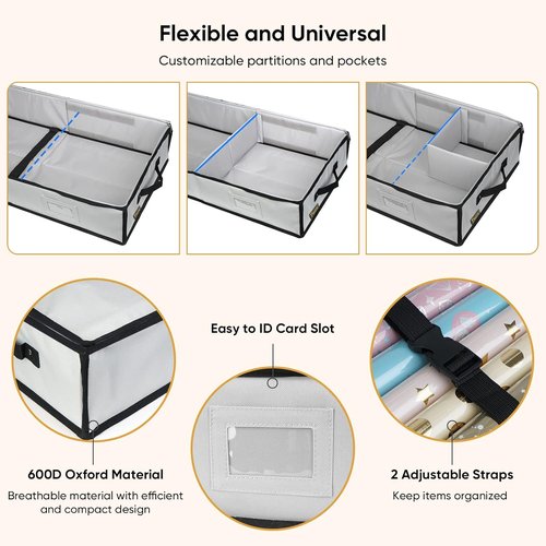 BALEINE Gift Wrap Storage Organizer - 40" Durable 600D Oxford Fabric Bag with Flexible Partitions | Gray