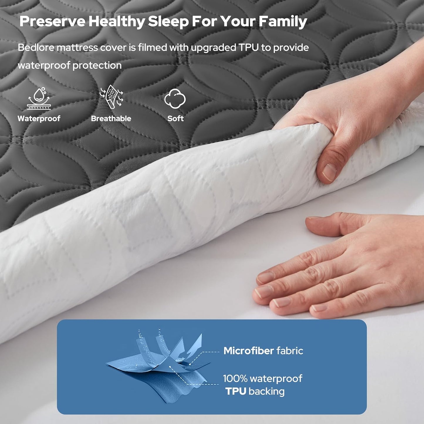 BEDLORE Waterproof Mattress Protector - Soft, Breathable Full Size Pad with Deep Pocket (Gray)