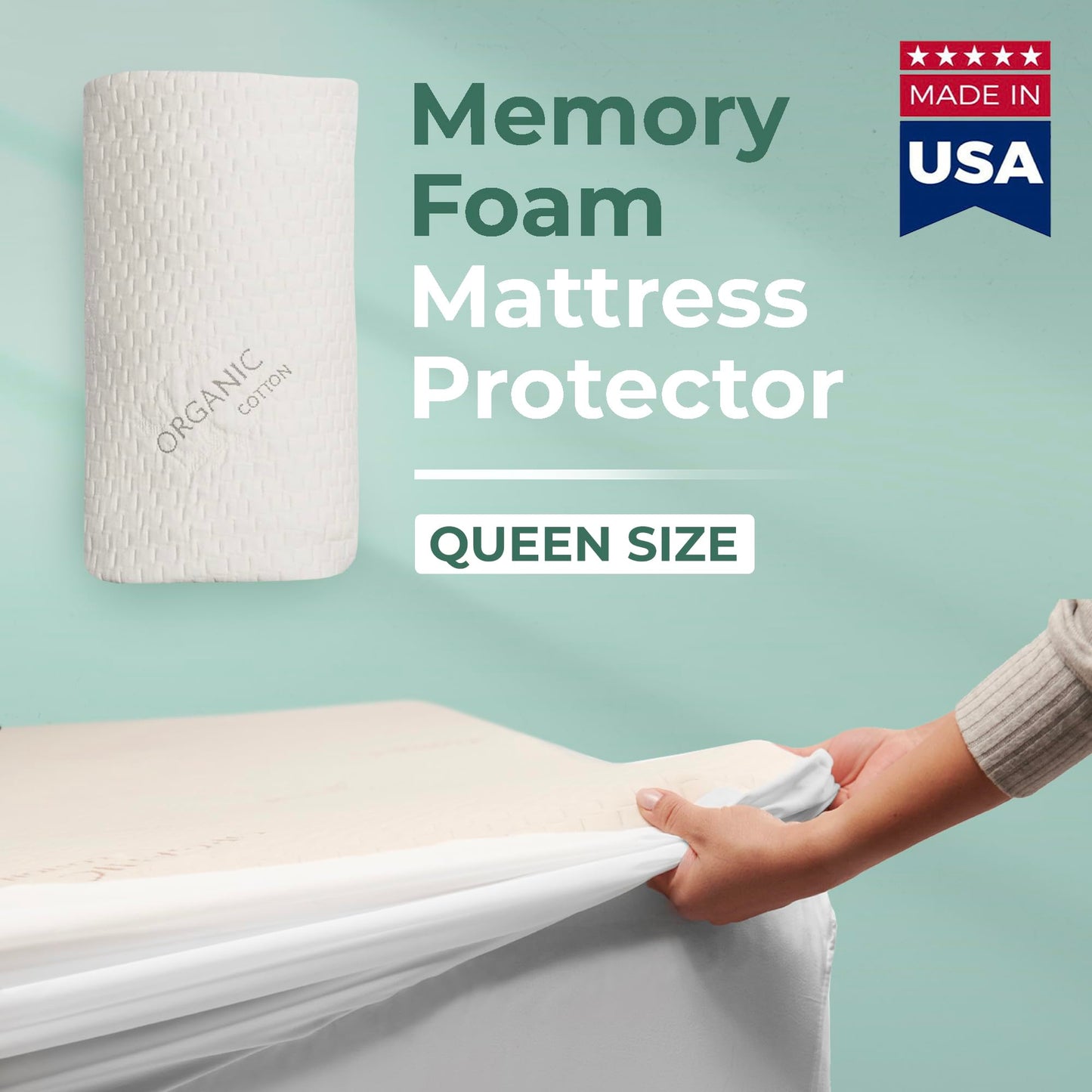 Memory Foam Mattress Protector – Organic Cotton with Eco-Friendly Greenshield Water Resistance – Kool-Flow Breathable Stretch Fabric – All USA Made – Best for Plush Beds – Queen
