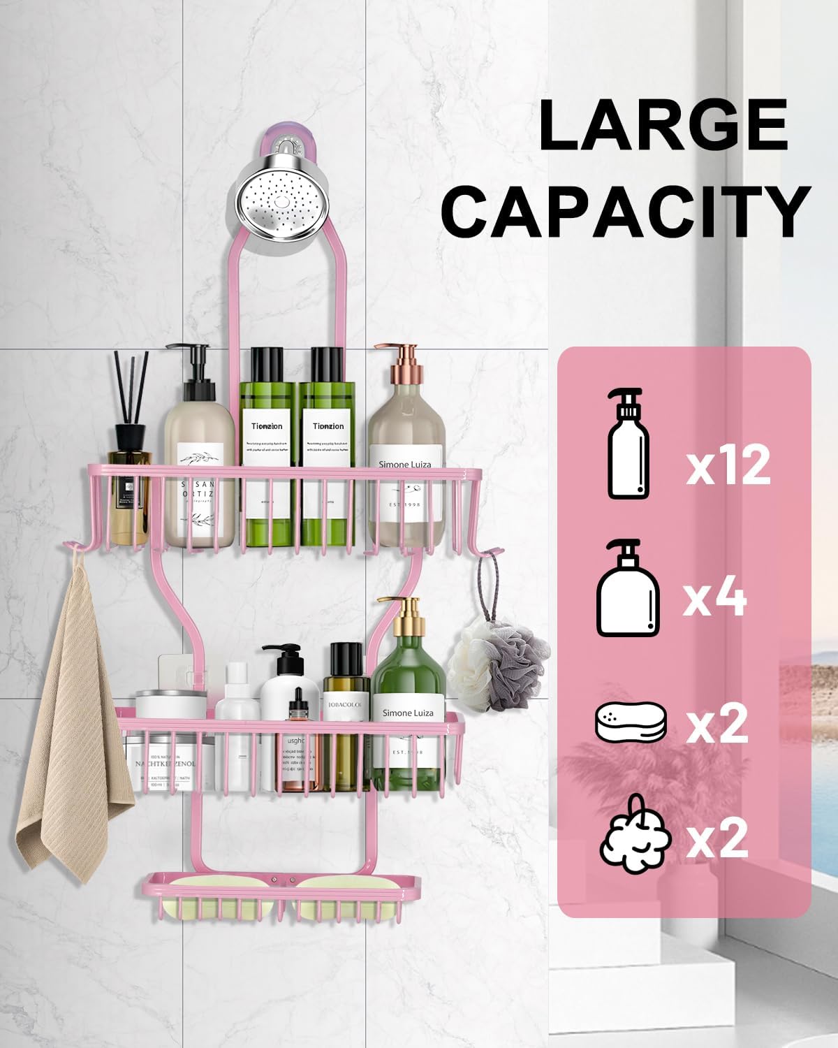 Skiennix Pink Shower Caddy - Rustproof Hanging Organizer with Soap Basket & Hooks | Large 3-Tier Design