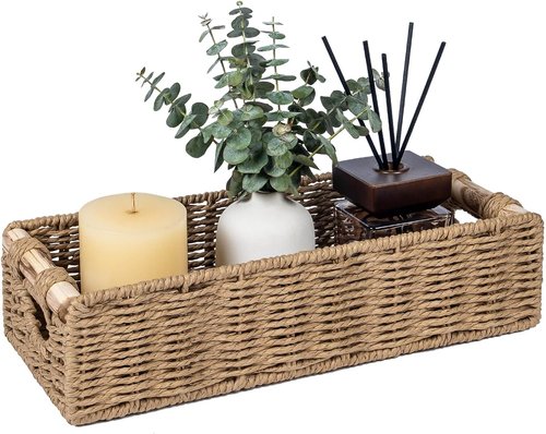 CubesLand Back of Toilet Storage Basket - Handwoven Wicker Organizer with Cut-Out Handle | Neutral Home Decor