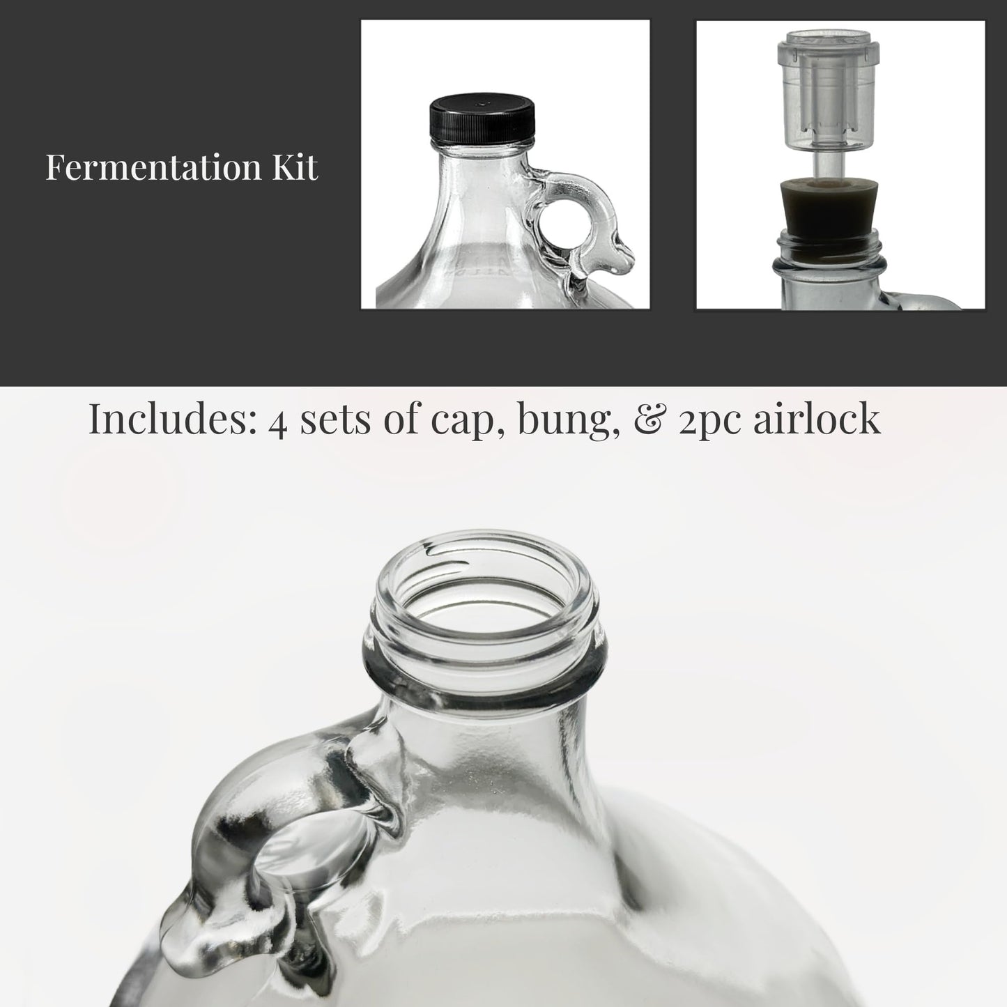 North Mountain Supply 1 Gallon Glass Fermenting Jug with Handle, 6.5 Rubber Stopper, 2-Piece Airlock, Black Plastic Lid - Set of 4