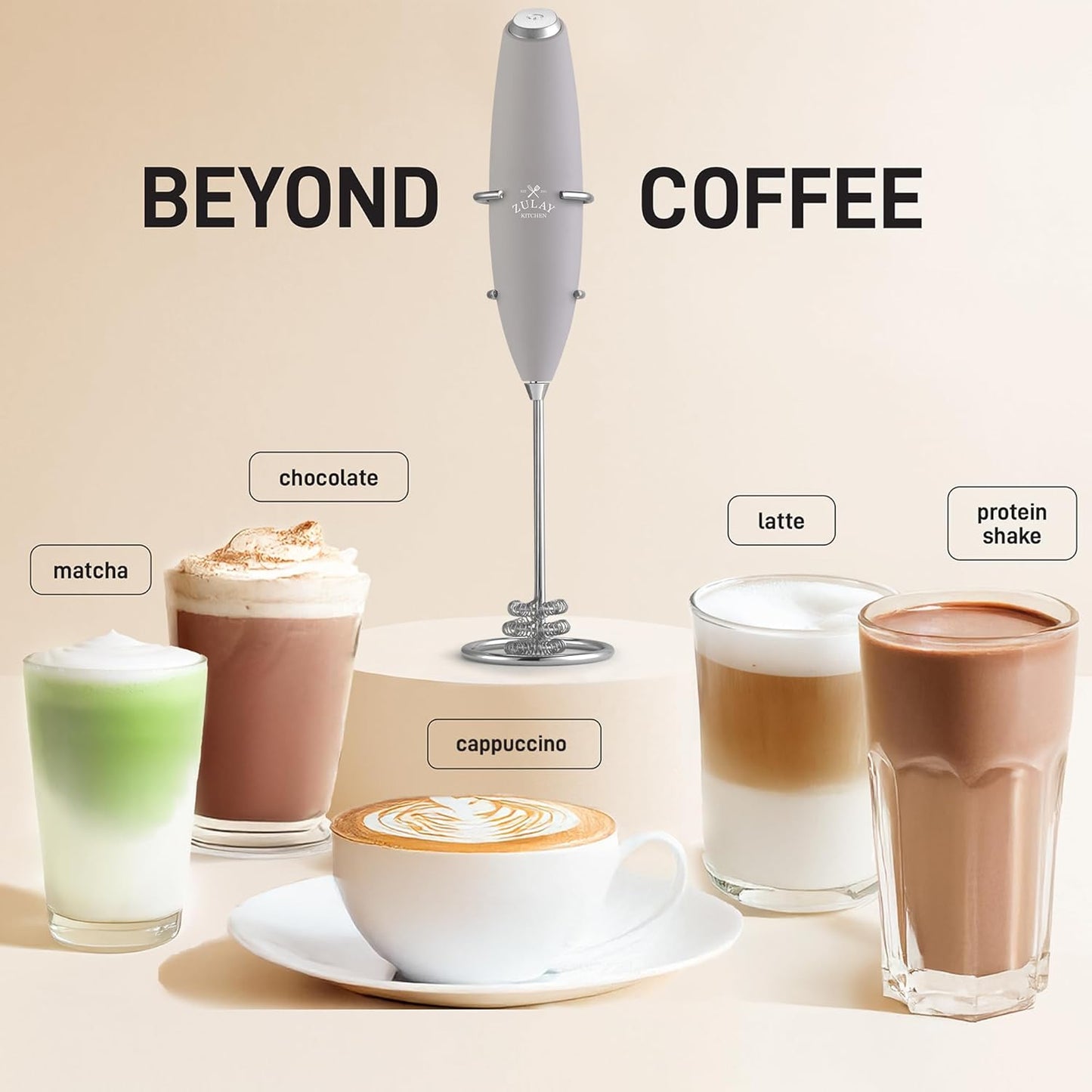 Zulay Kitchen Tornado Triple Whisk Milk Frother - Handheld Foam Maker for Coffee & Lattes | Steel Gray, 4 Batteries Included