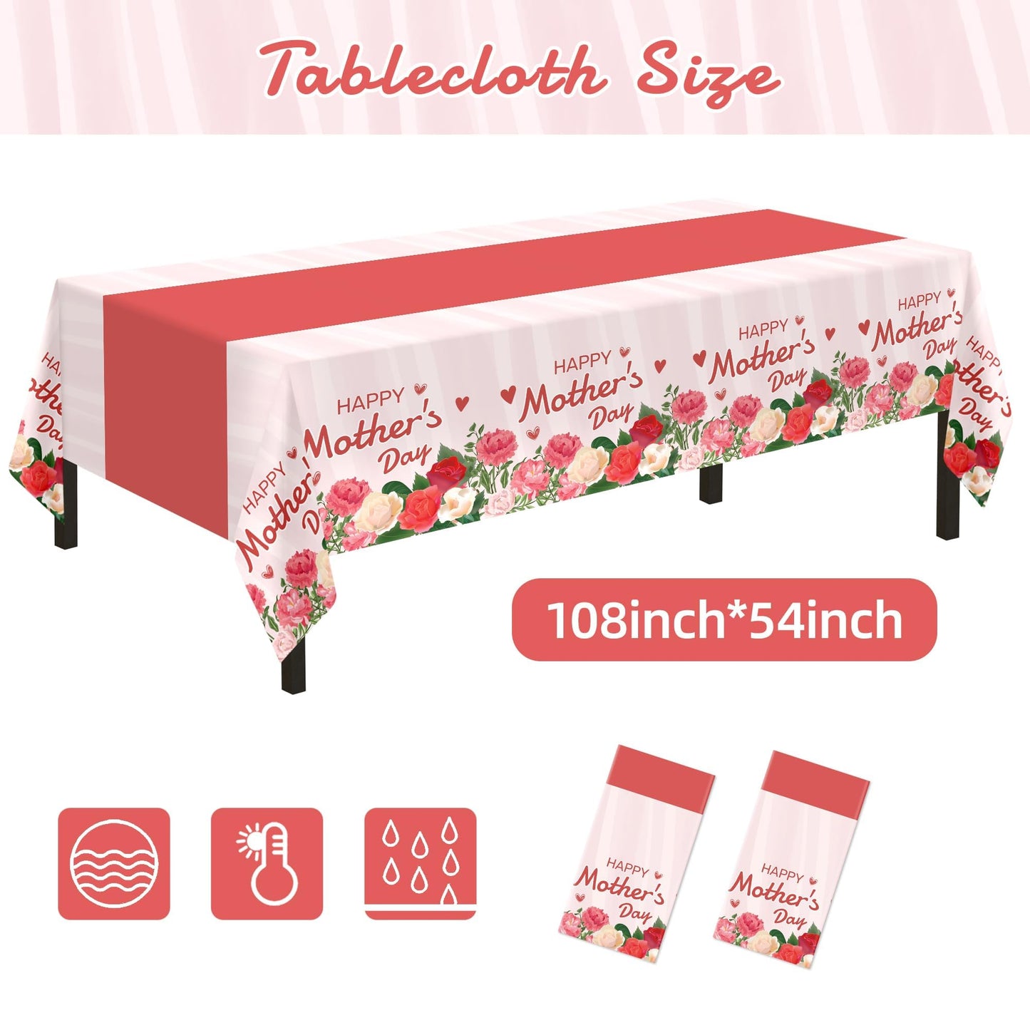 Childom 2 Pack Mothers Day Tablecloth,Mother's Day Party Decorations,54" x 108" Plastic Disposable Tablecloths for Rectangle,Plastic Table Covers for Mom Birthday Party Supplies Holiday Buffet Table