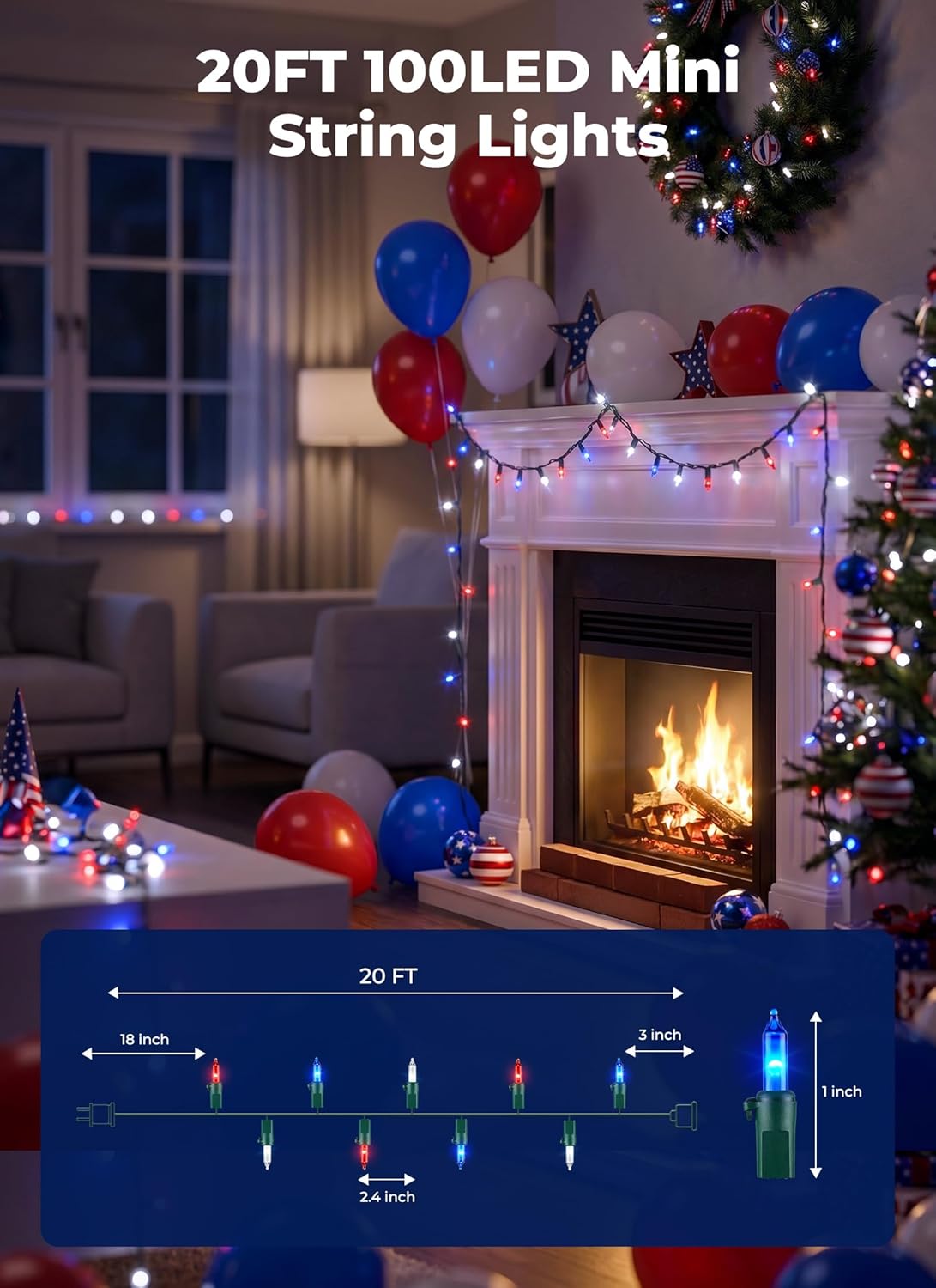 Minetom LED Christmas String Lights - 100 Count, 22 Feet, Waterproof Patriotic Mini Lights for 4th of July & Holiday Decor