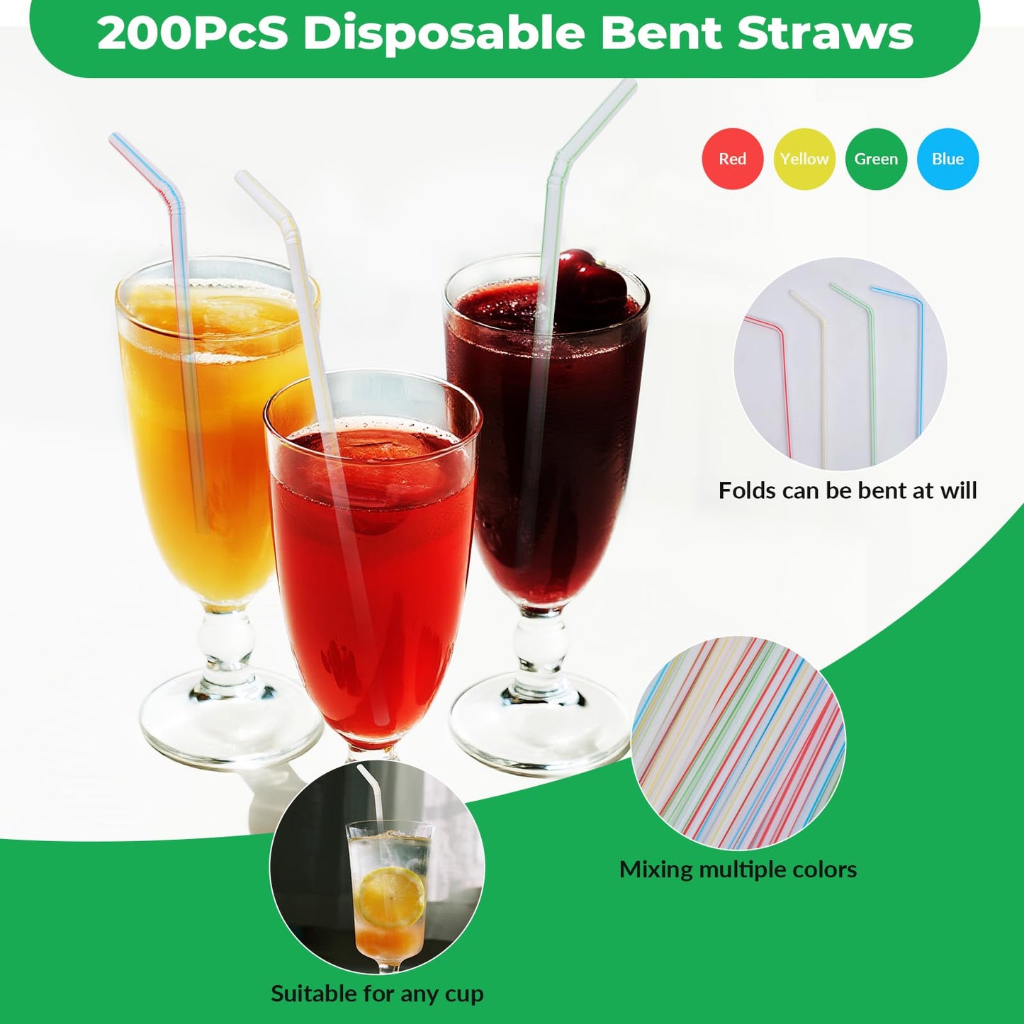 Luszmoax 200 Pcs Plastic Straws Disposable -Straws Drinking Plastic -8.8inch Long Bendy Straws -Flexible Bendable Drinking Straw