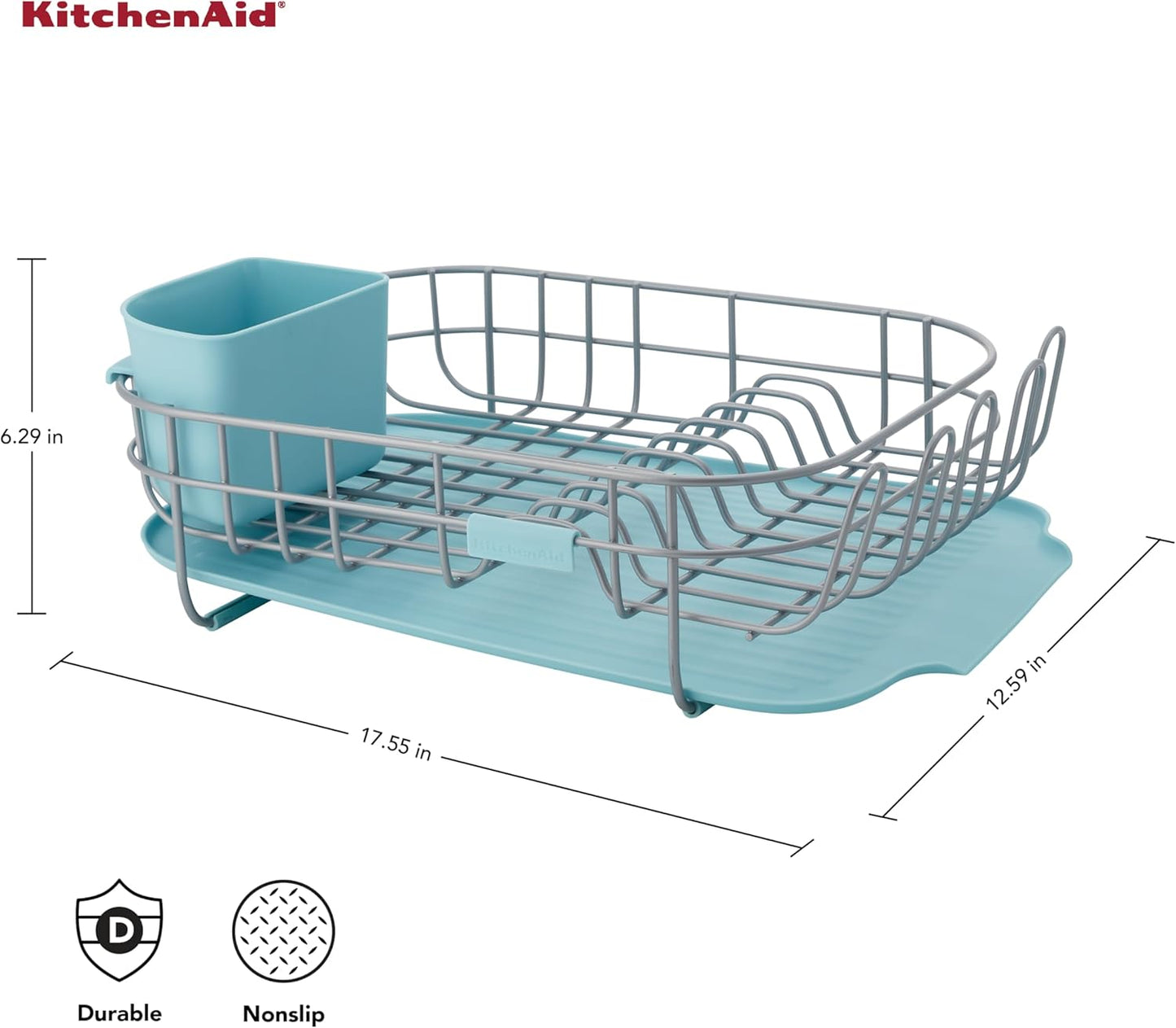 KitchenAid Low Profile Compact Dishrack - Removable Flatware Caddy & Self-Draining Board | Rust Resistant, 12.59 x 17.55 x 6.29 Inch, Mineral Water