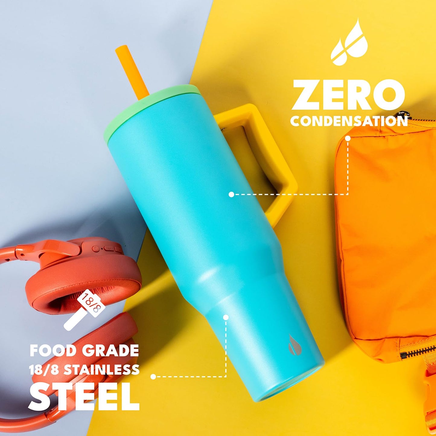 Elemental 40 oz Tumbler with Handle and Straw - Spill Proof Insulated Stainless Steel Commuter for Cold Beverages - Travel Coffee Mug with 2 Straws & Spill Proof Lid - 40oz- Blue Lagoon