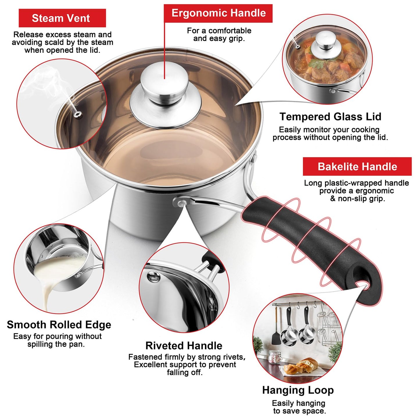 1 Quarts 18/10 Stainless Steel Saucepan, Joyfair Small Sauce Pan Milk Pot with Glass Lid for Cooking Stewing Boiling Spaghetti Soup, Extra Pan Wall & Heat-proof Bakelite Handle, Dishwasher Safe