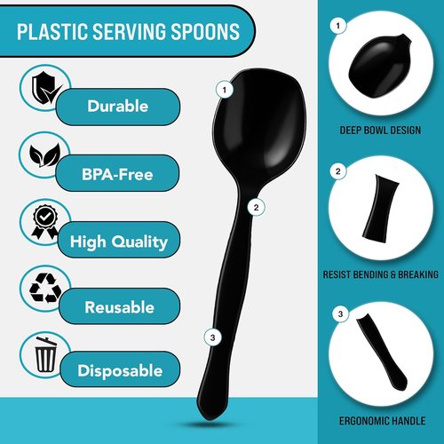 C&S Event Supply Co. Heavy Duty Black Plastic Serving Spoons - 12 Count | Large Disposable Utensils for Catering & Events