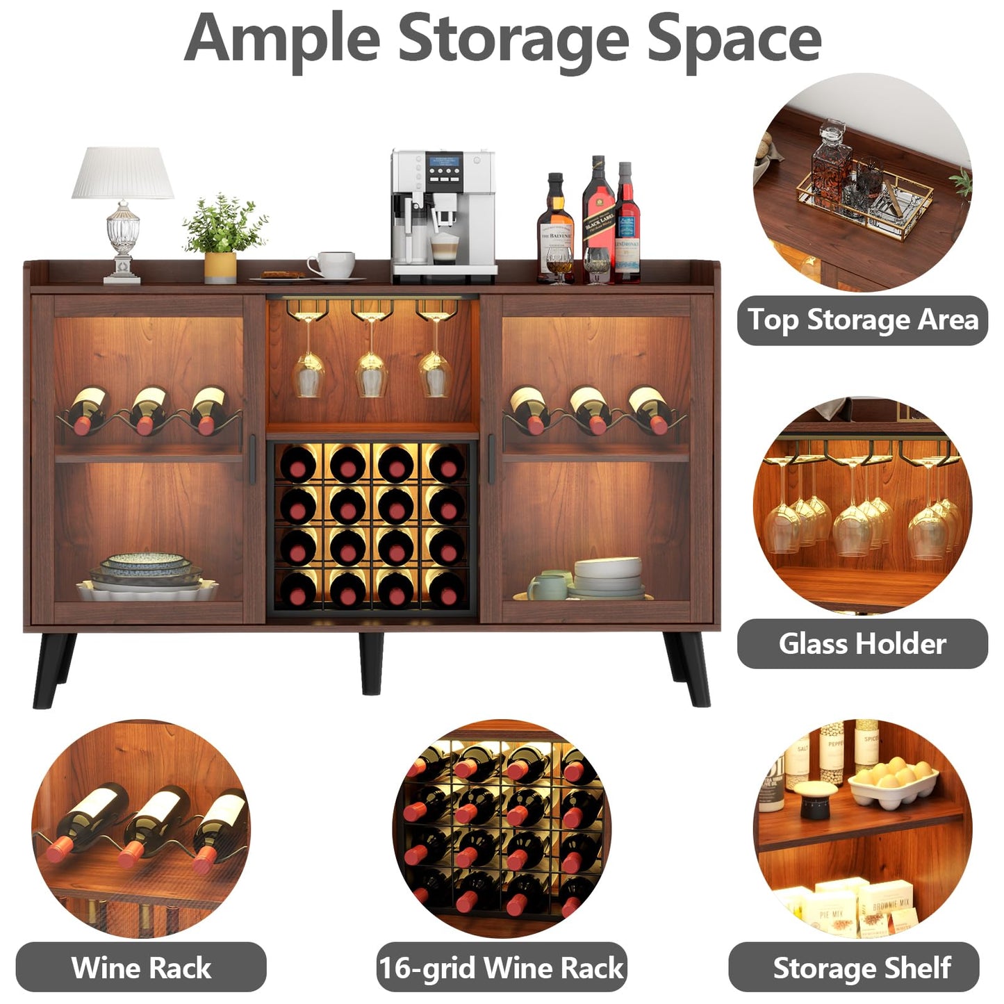 Loomie Wine Bar Cabinet with LED Light, Home Coffee Cabinet with Wine Rack and Glass Holder, Kitchen Buffet Sideboard W Storage Shelf, Freestanding Liquor Cabinet for Living Room, Dining Room (Walnut)