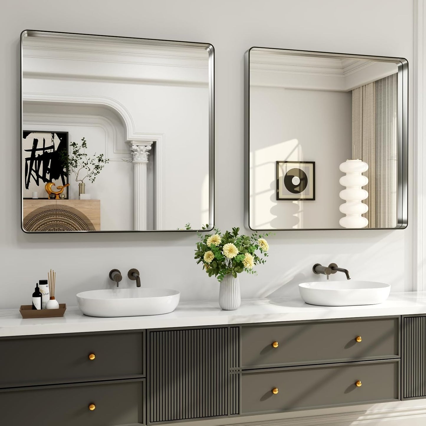LOAAO Brushed Nickel Bathroom Mirror - 38x38 Inch Rounded Rectangle Design | Anti-Rust, Shatterproof, Versatile Hanging Options
