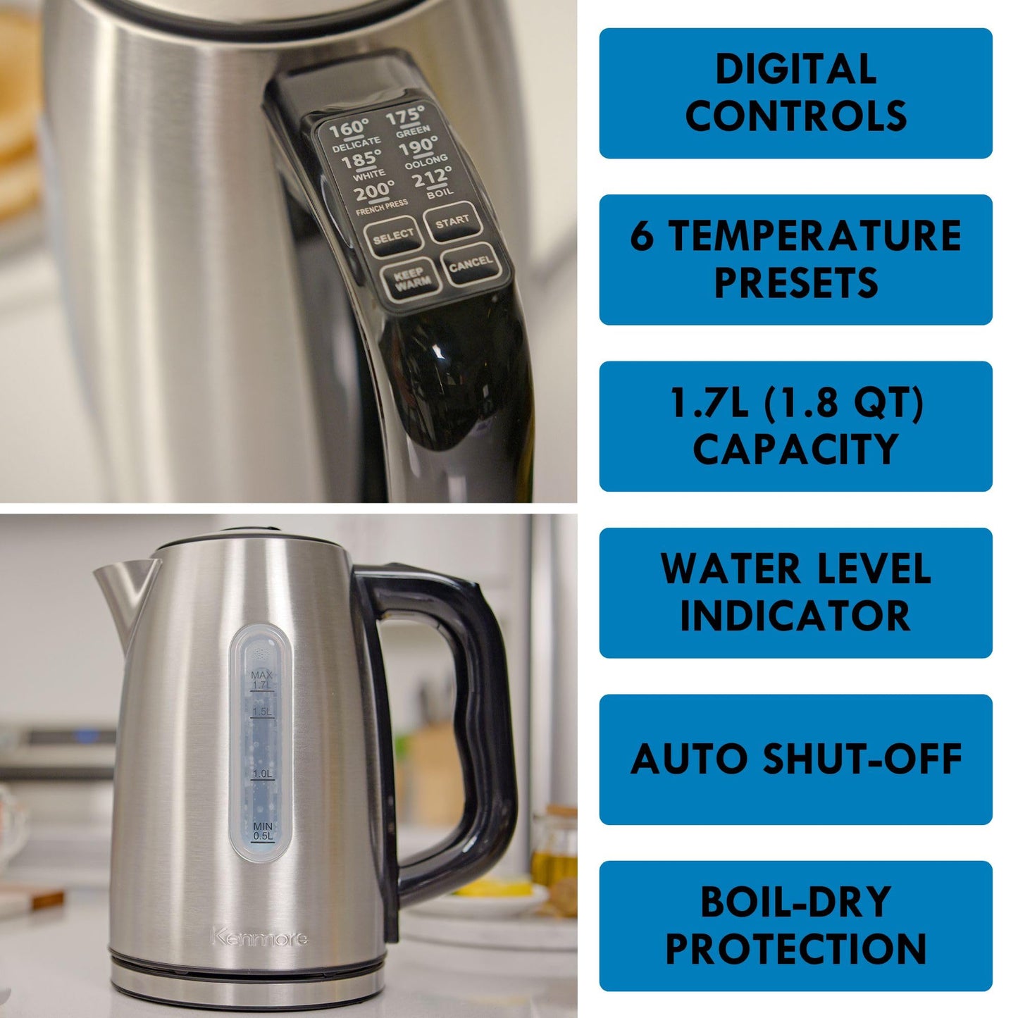 Kenmore Digital Cordless Kettle1.7 L/1.8 Quarts Capacity, Stainless Steel Electric Kettle with Digital Temperature Control, Concealed Heating Element, and Keep Warm Mode, Silver, Standard