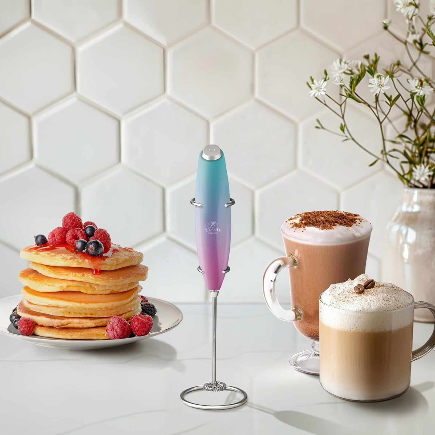 Zulay Kitchen Milk Frother Wand - Ultra Fast Handheld Electric Whisk for Coffee & Lattes - Pink Spritz