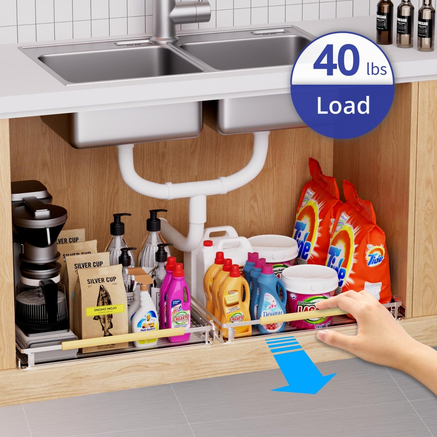 KIKIBRO Expandable Pull Out Drawer Cabinet Organizer, Adjustable Width Bottom-Mounted Slide Out Storage Shelves for Cabinets, Required Cabinet Size (W: 10.16"~16.36", D≥22.5"), 1 Pack