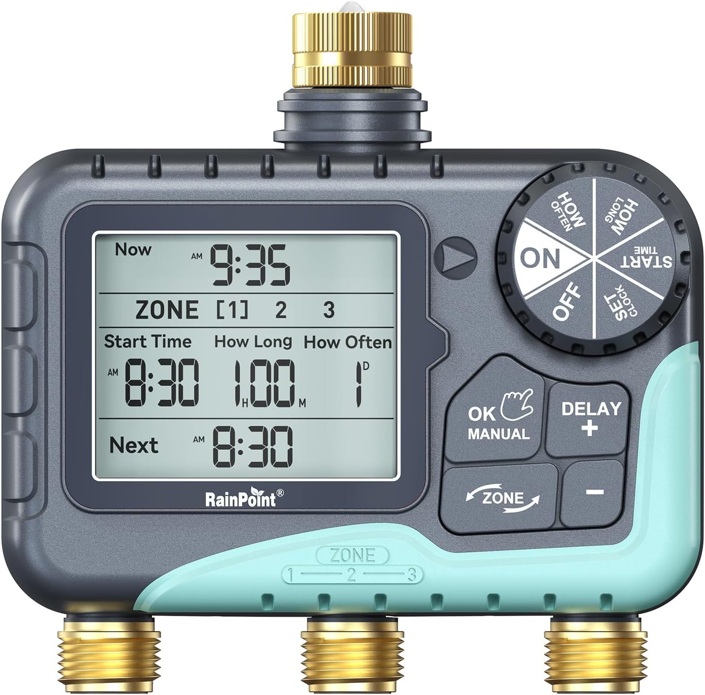 RAINPOINT 3-Zone Water Timer - IP65 Waterproof, Customizable Sprinkler Plans, Large LCD Display