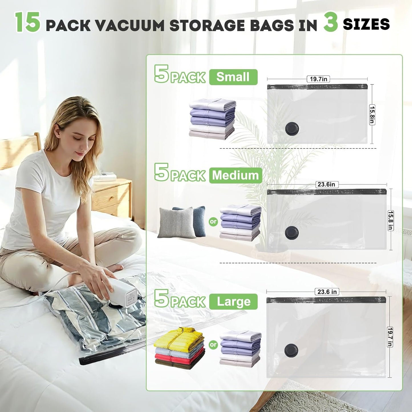 Mapambo Vacuum Storage Bags - 15 Pack Vacuum Seal Bags with USB Pump | Save 80% Luggage Space, 3 Sizes