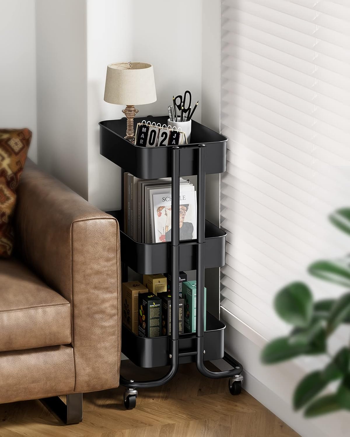 Pipishell 3-Tier Metal Rolling Utility Cart - Heavy-Duty Storage with Lockable Wheels | Black