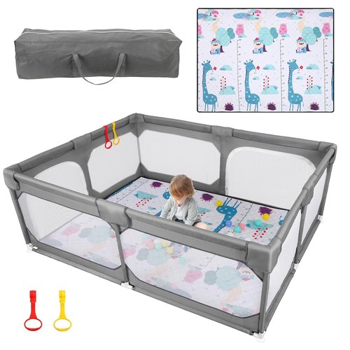 JINXIA Baby Playpen - Large Climb-Proof Safety Play Yard with Soft Mesh Mat | 75" x 59" - Grey