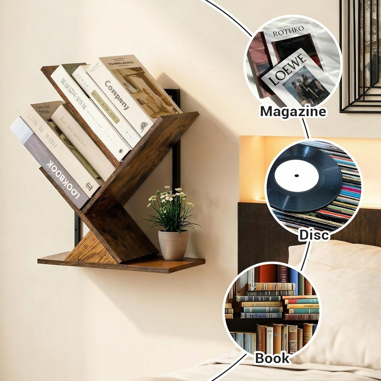 Rustic Brown & Black 3-Tier Tree Book Shelves | Unique Wall-Mounted Floating Bookshelf Organizer