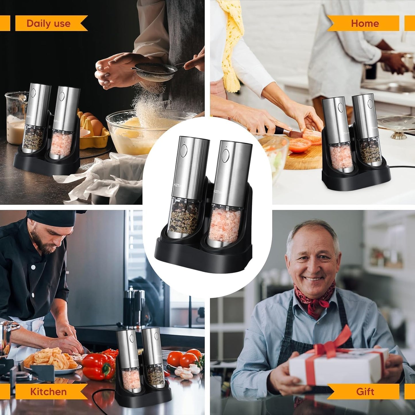 Skiennix Electric Salt and Pepper Grinder Set - One-Handed Automatic Spice Mill with Adjustable Coarseness & LED Light
