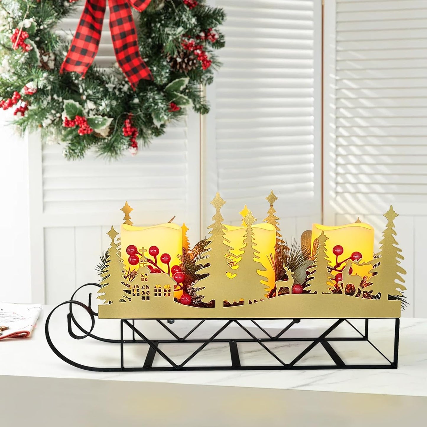 Skiennix Christmas Sleigh Table Centerpiece - Gold Cut-Out Tree LED Candle Holder with Timer for Holiday Decor