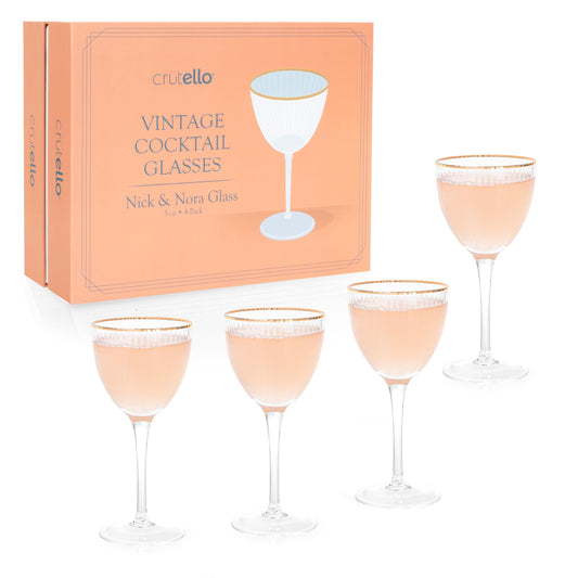 Crutello Nick and Nora Cocktail Glasses - 5 oz Vintage Art Deco Ribbed Glassware for Drinking Classic Gin, Whiskey, Vodka - Fluted Nick and Nora Glasses with Gold Rim - Set of 4