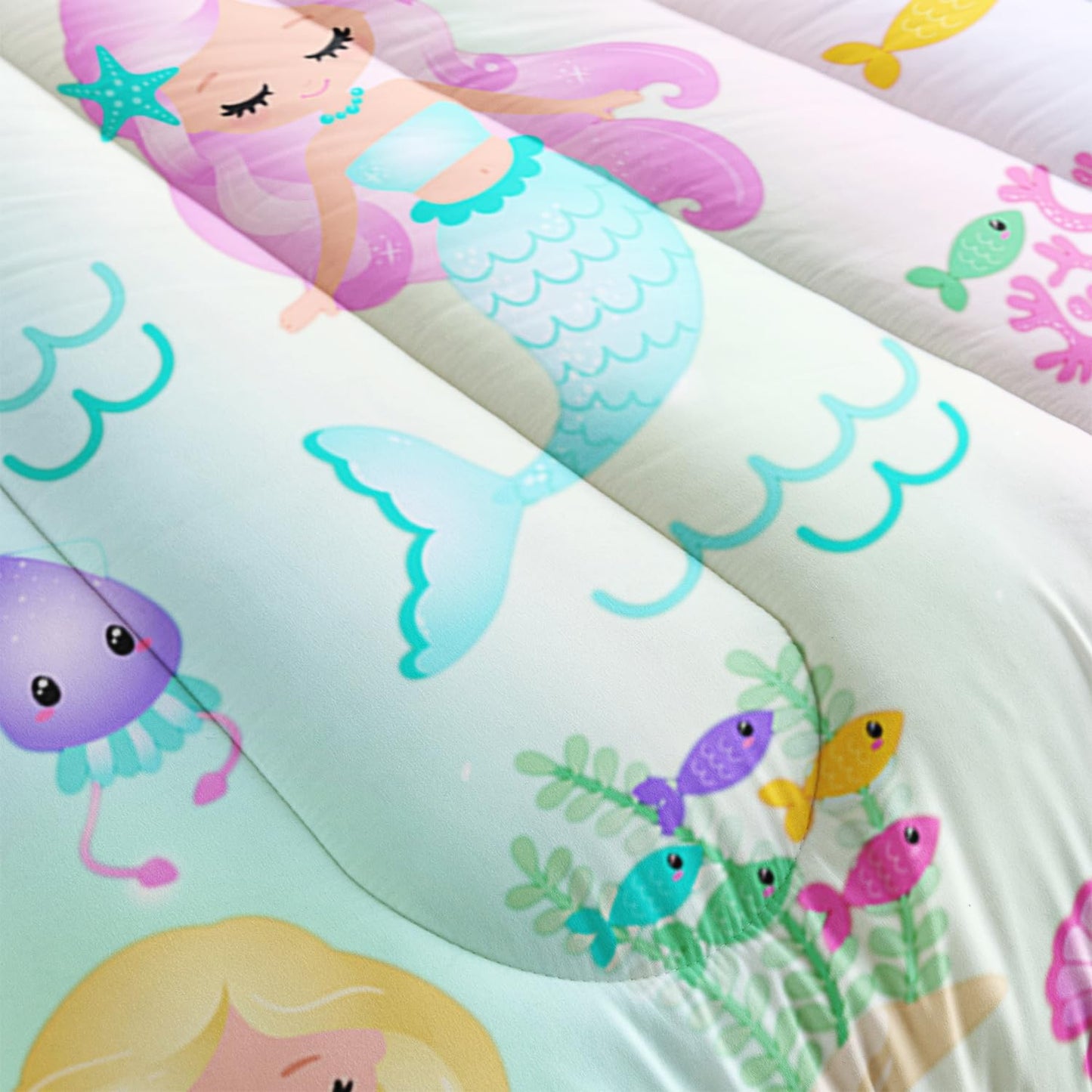 XYNHML Rainbow Mermaid Comforter Set Twin/Full/Queen Size Fairy Tale Sea Shell Grass Bedding Set Starfish Jellyfish Quilt Bed Set for Kid Girls with 1 Comforter and 2 Pillowcases