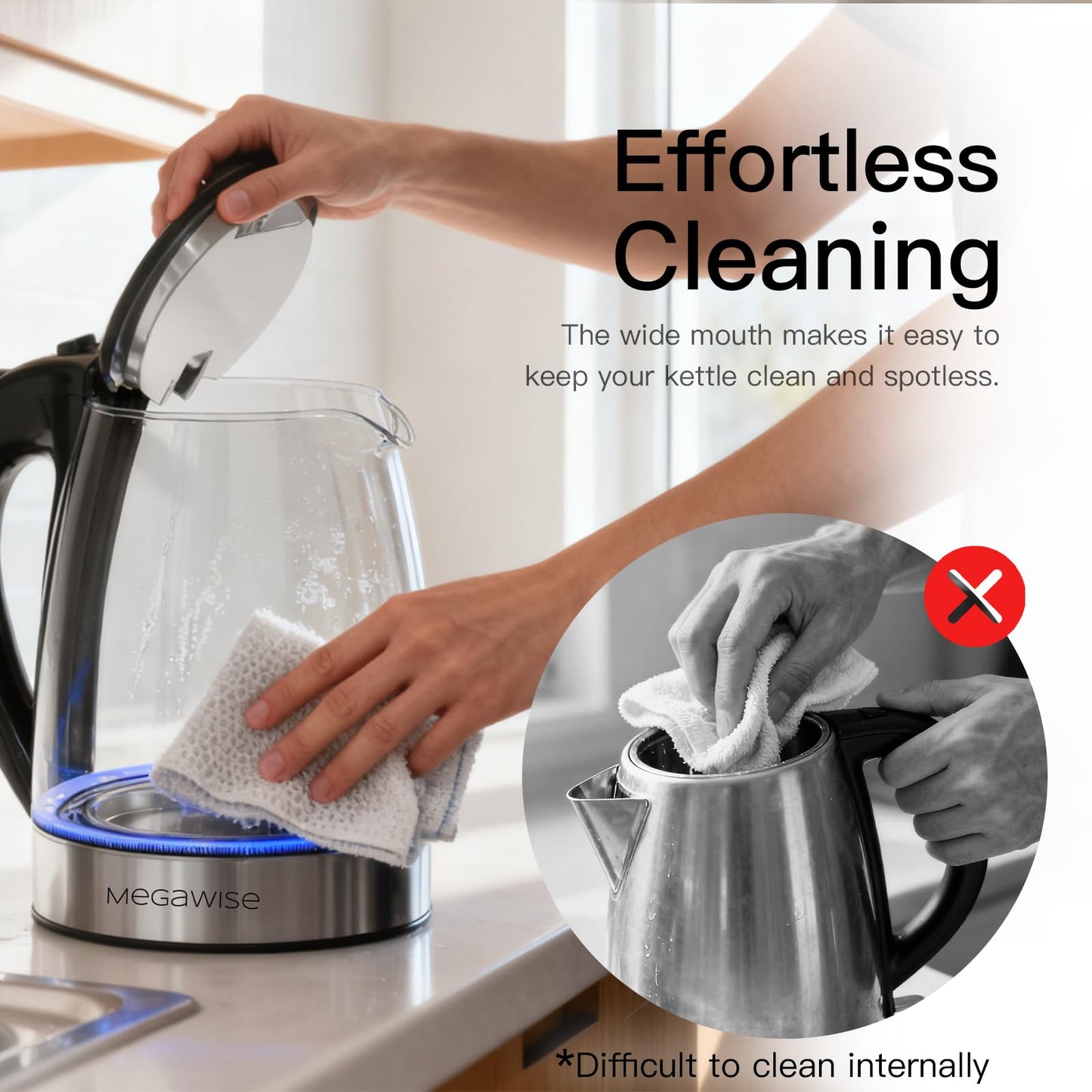 Megawise Electric Glass Kettle with Auto Shut-Off, BPA-Free, Stainless Steel Inner Lid & Base, Blue LED Indicator, Easy Clean, Cord Storage (1.8L)
