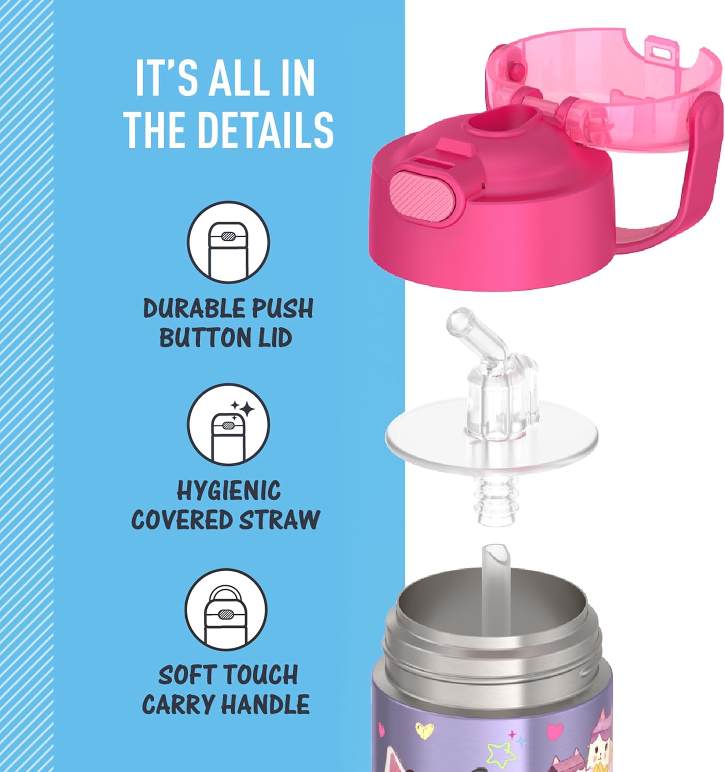 THERMOS FUNTAINER Water Bottle - 12 Ounce Kids Stainless Steel Vacuum Insulated with Straw | Gabby’s Dollhouse
