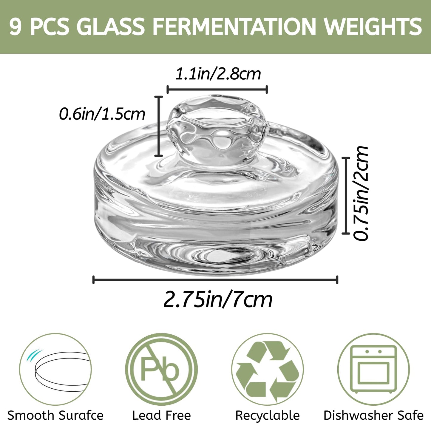 YOUEON 9 Pack Fermentation Glass Weights with Easy Grip Handles for Wide Mouth Mason Jars, Pickling Jars, Glass Fermentation Weights for Fermenting Kit, Sauerkraut, Kimchi and More