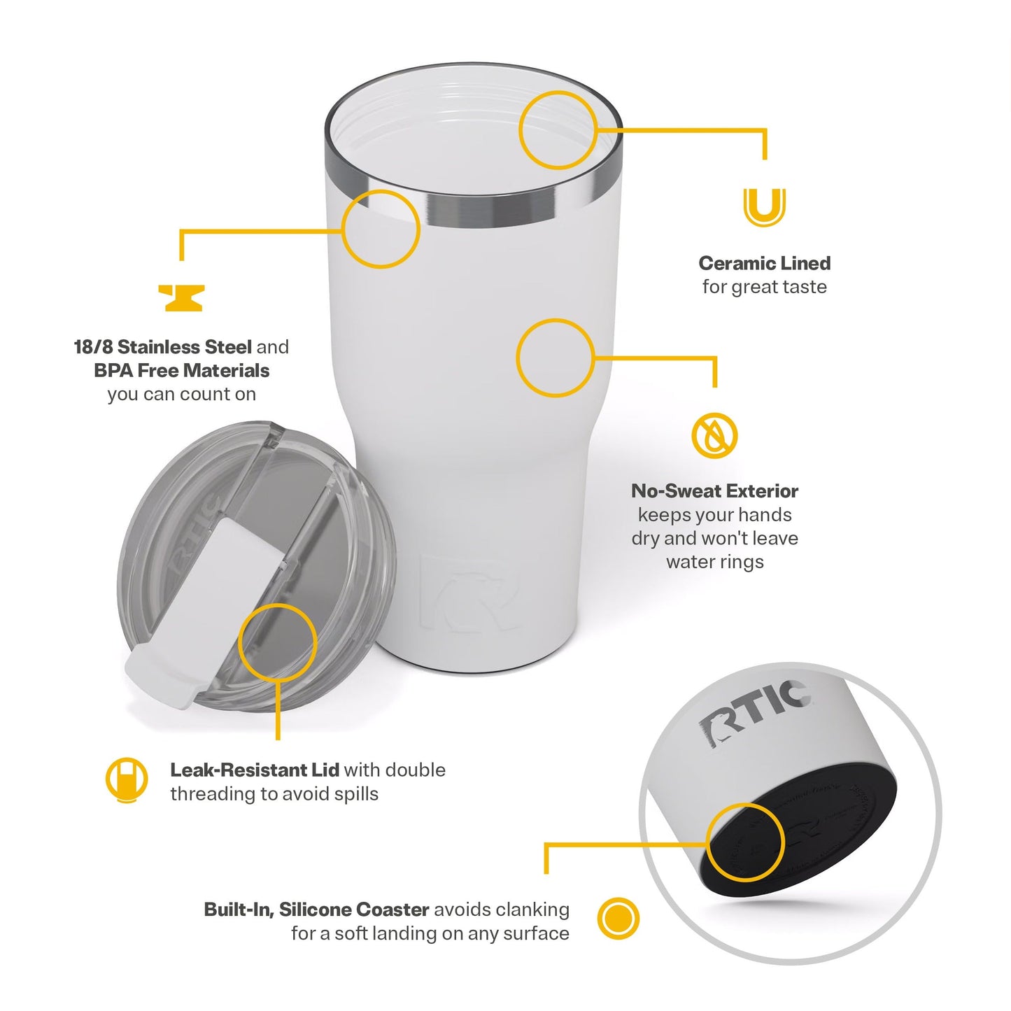 RTIC 30oz Essential Tumbler with Lid, Ceramic Lined, Insulated, Stainless Steel, Metal, Double Wall Vacuum-Insulation, Travel Cup for Iced Coffee, Tea, Hot and Cold Drink, White