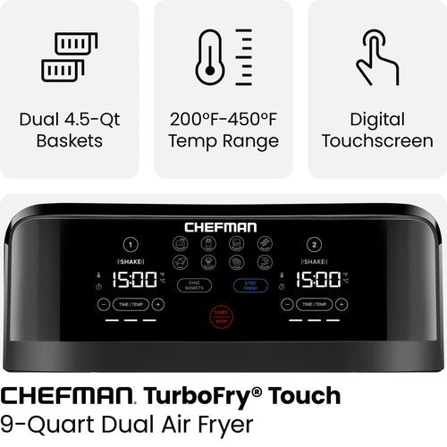 Chefman TurboFry Touch Dual Air Fryer, Maximize The Healthiest Meals With Double Basket Capacity, One-Touch Digital Controls And Shake Reminder For The Perfect Crispy And Low-Calorie Finish