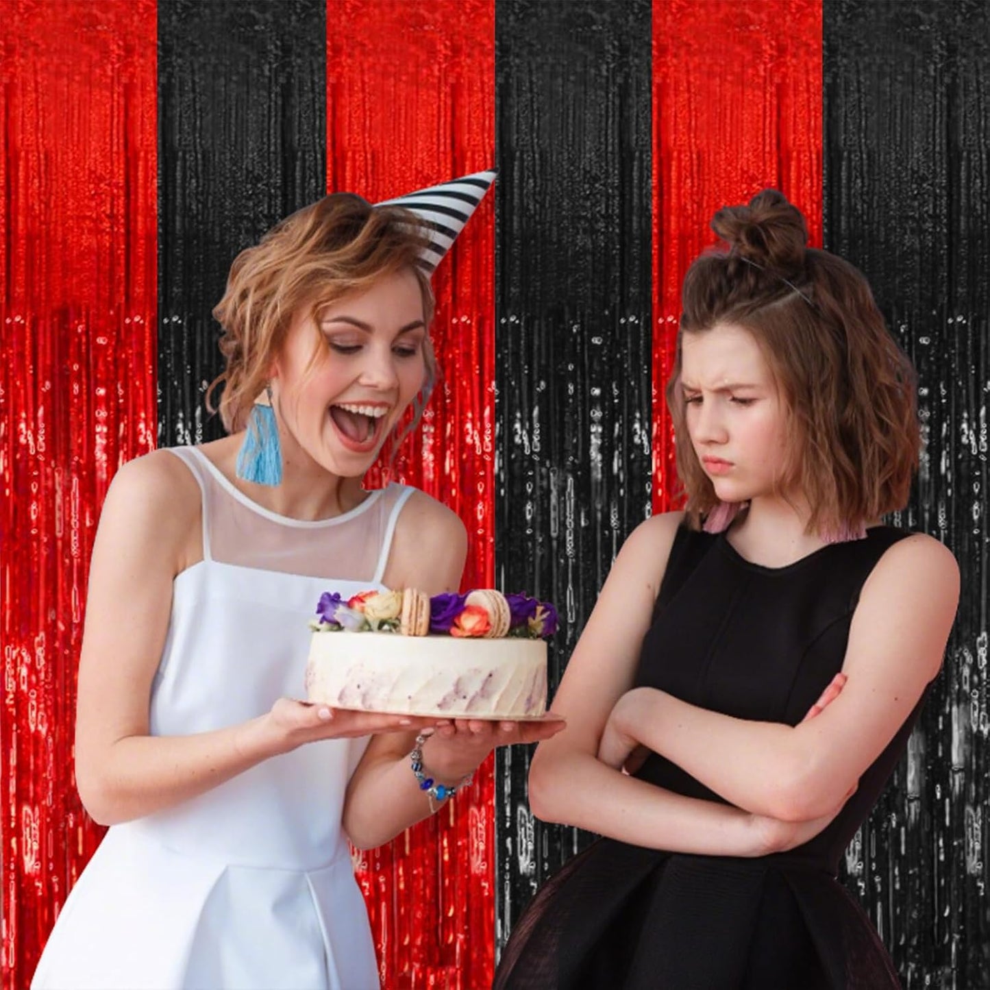 Party Backdrop Streamers - 10 Pack Black & Red Foil Fringe Curtains for Birthday & Holiday Decor