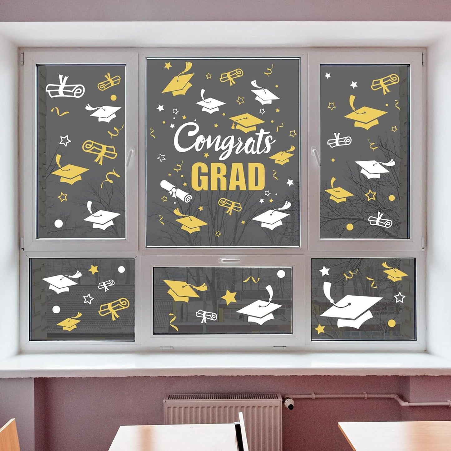 Whaline Graduation Window Clings - 236 Pcs Double-Sided White & Gold Cap Decor for Home & Office