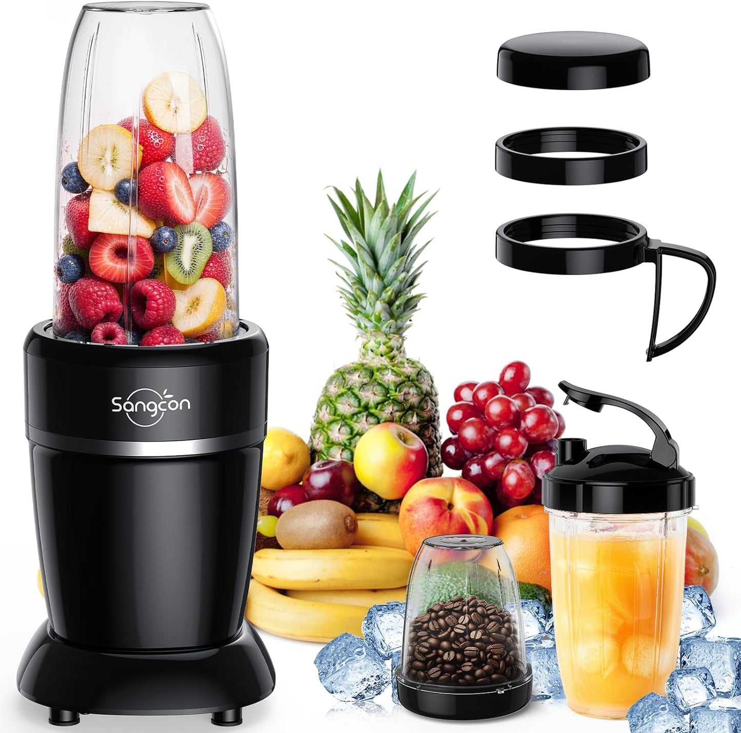 Sangcon 1000W Smoothie Blender - Portable Kitchen Blender with 3 Cups & Multiple Caps for Shakes & Frozen Drinks