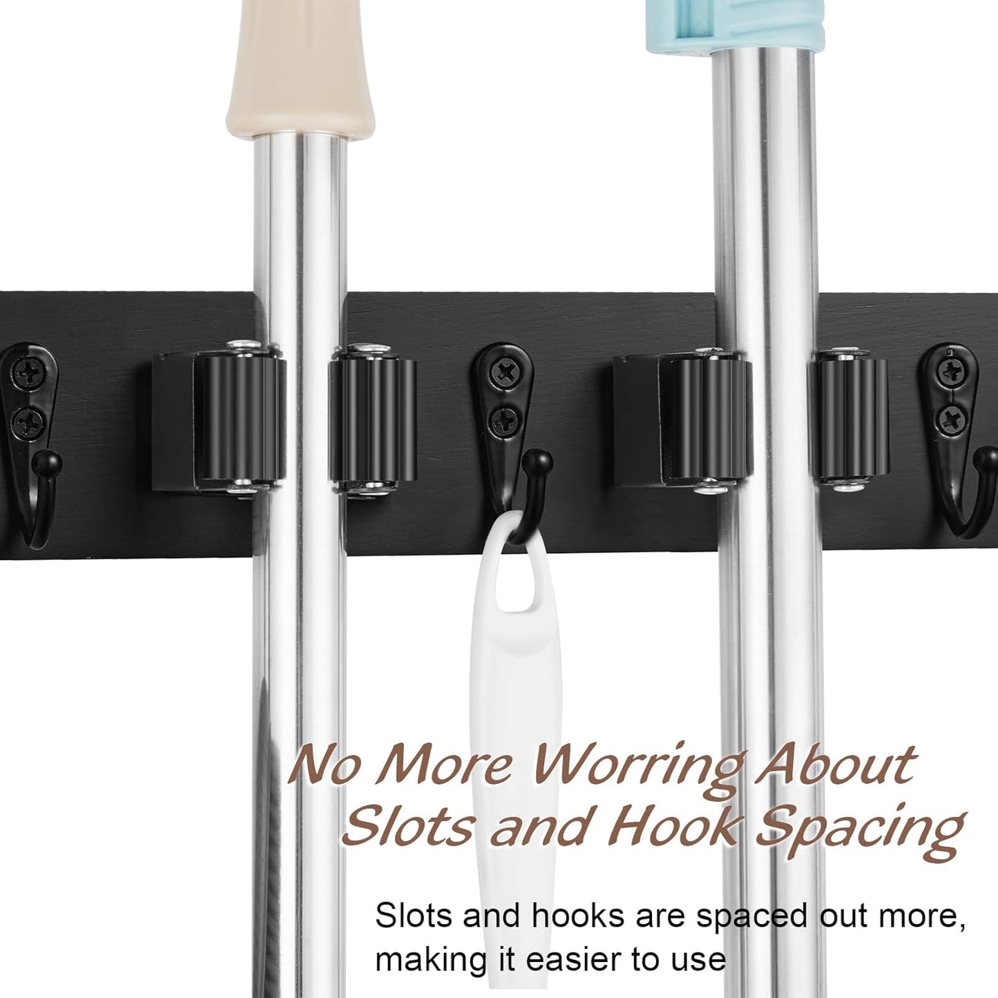 OUTNILI Wall Mounted Mop Broom Holder - 2 Pack Black Organizer with 4 Slots & Hooks for Garage, Closet, Laundry Room