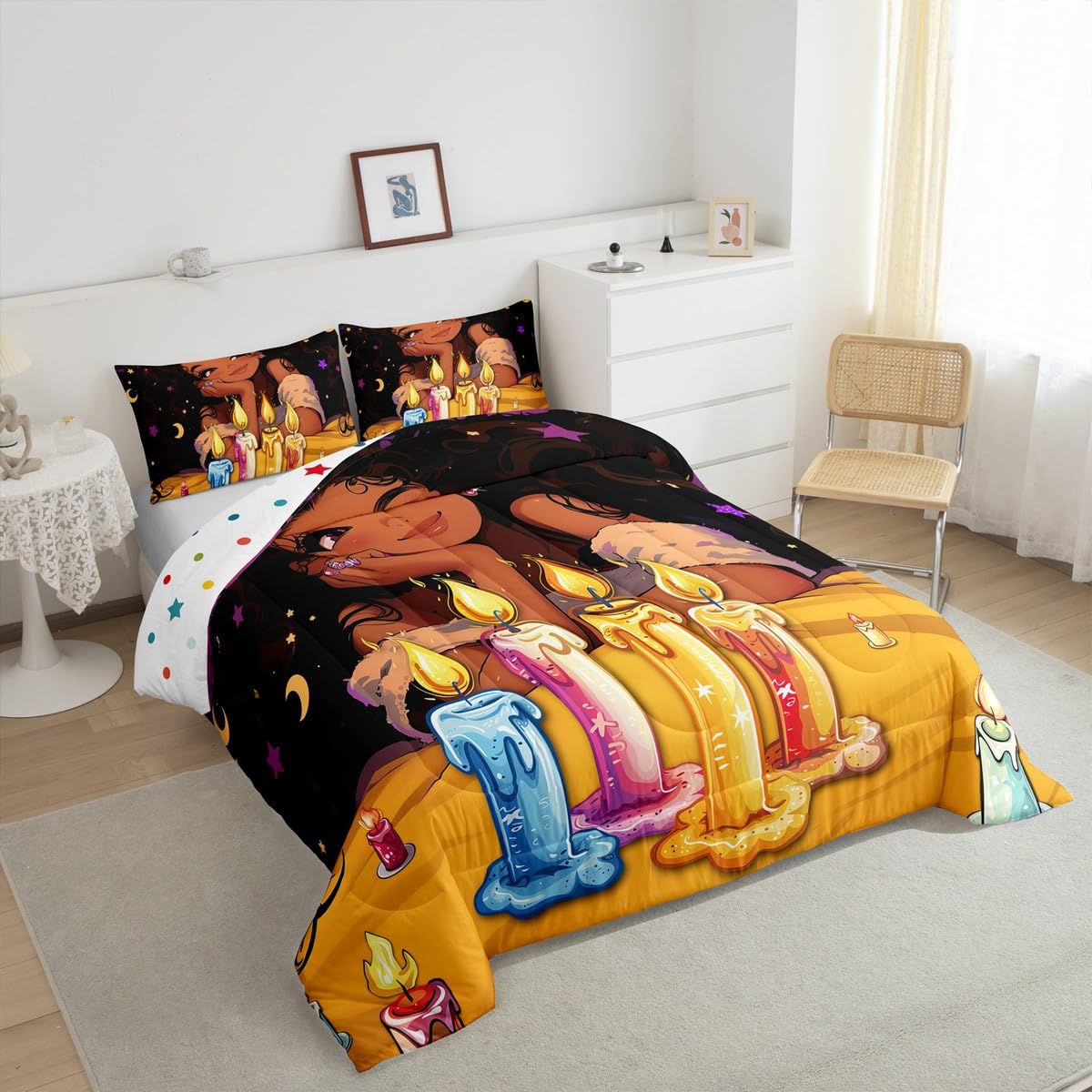 Afro-American Girl King Comforter Set for Little Girl,Afro Kid Princess Melanin Bedding Comforter Sets,Toddlers American Black Girls Quilt for Girls Bedroom,Happy Birthday Candle Gift