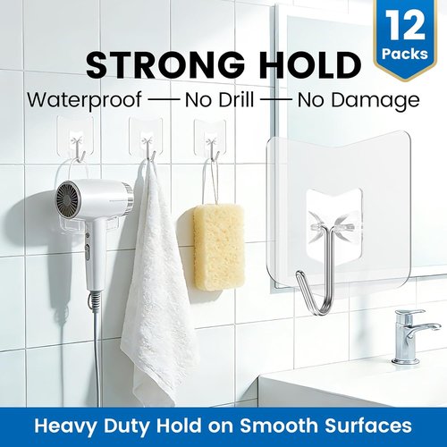 Heavy Duty Shower Hooks by [Brand Name] - 12 Pack, No Drill Adhesive Hangers for Bathroom & Kitchen