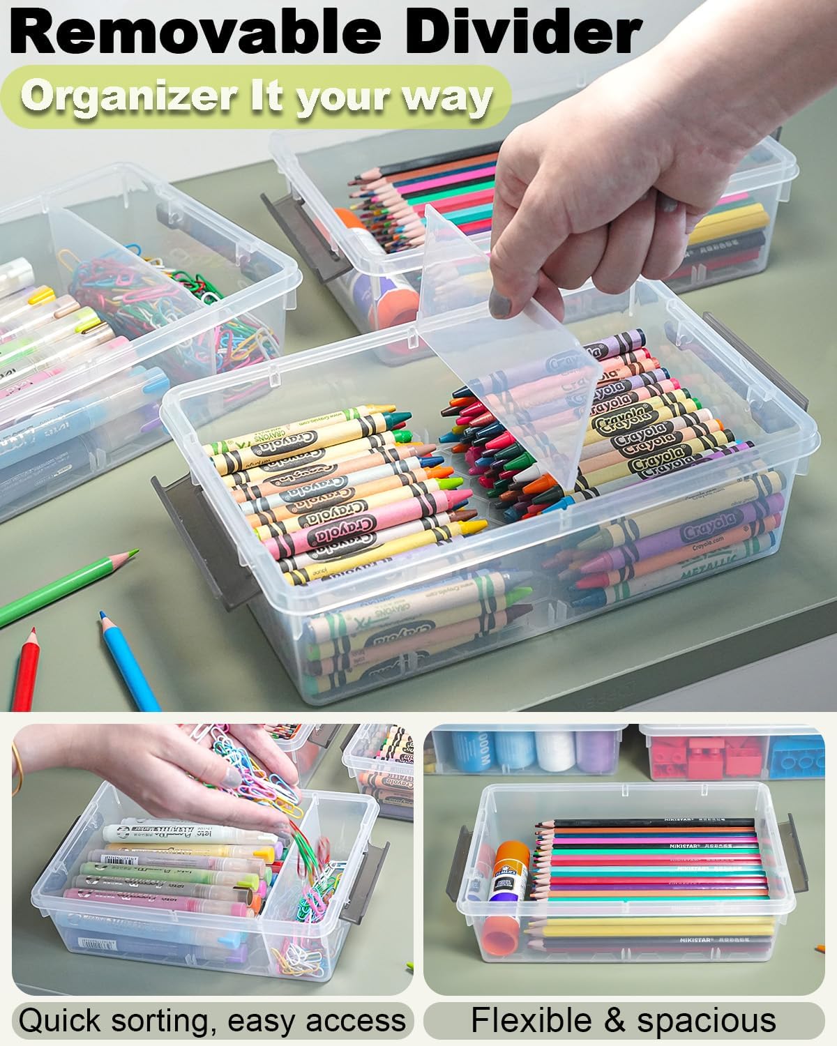 Skiennix Extra Large Pencil Box - Clear Stackable Organizer with Removable Divider | 6 Pack, Grey