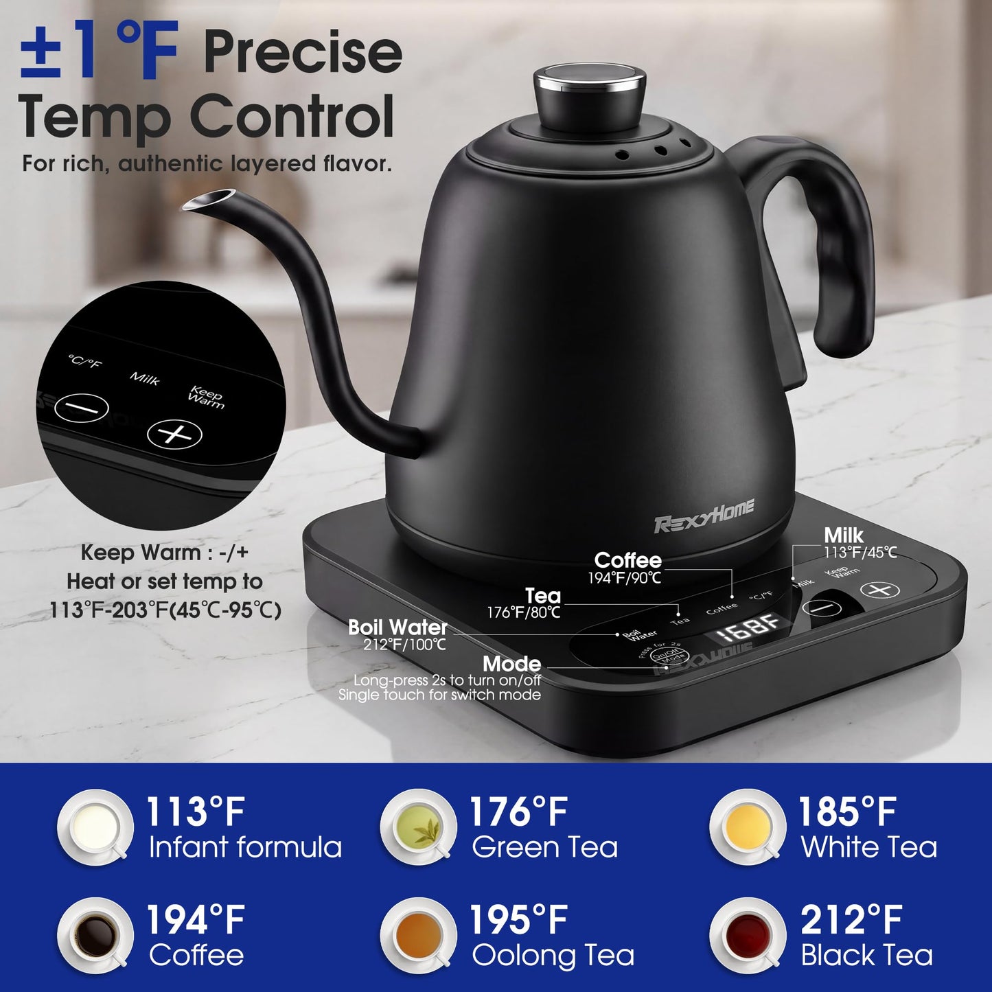 Gooseneck Electric Kettle Temperature Control: ±1℉ Precise Target & Keep Warm, Quick Heating 316L Stainless Steel Electric Kettles for Boiling Water, Pour Over Coffee, Brew Tea & Milk, 1000W/0.8L