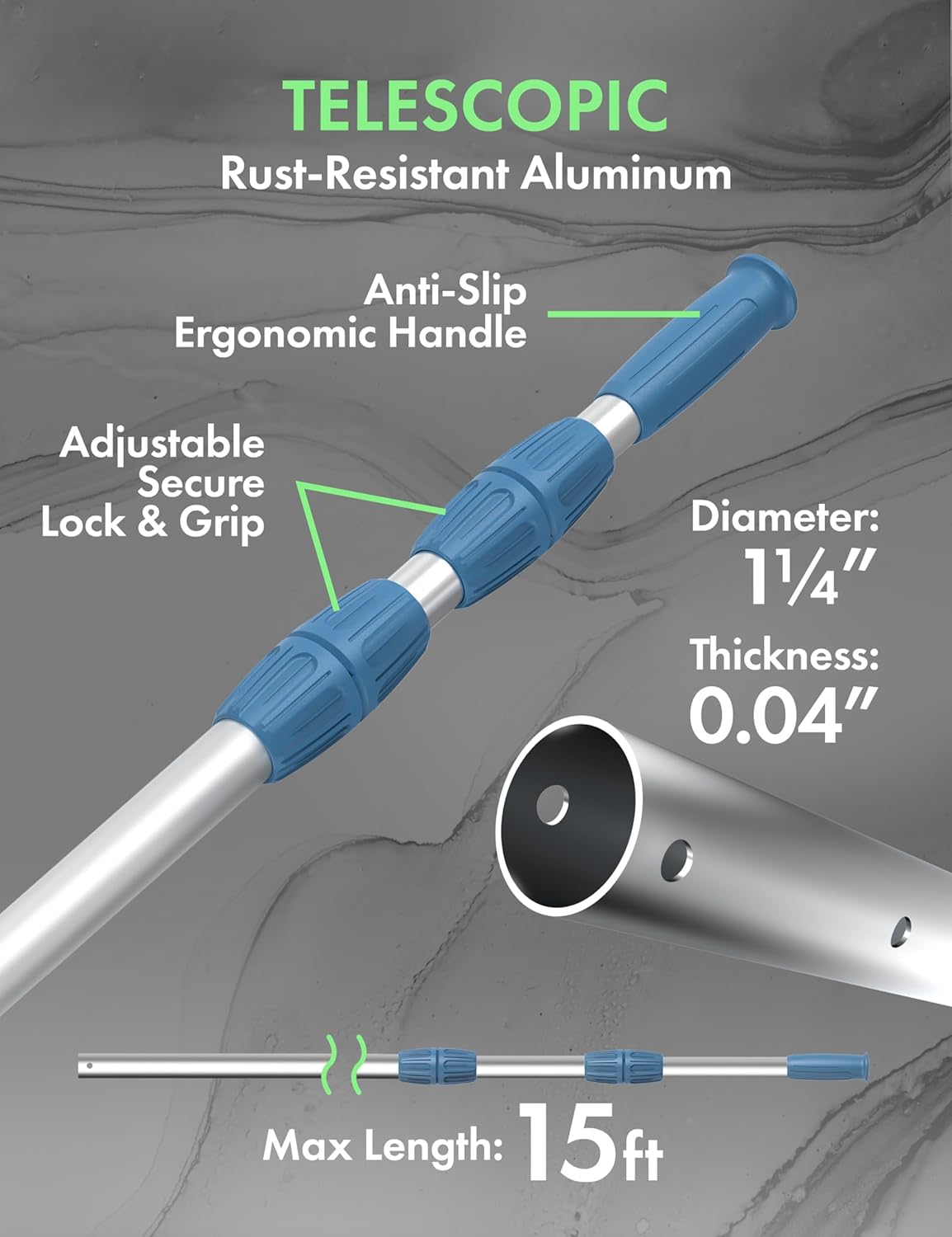 KEMANO 15ft Telescopic Swimming Pool Pole - Heavy Duty Aluminum, Adjustable, Anti-Slip Grip