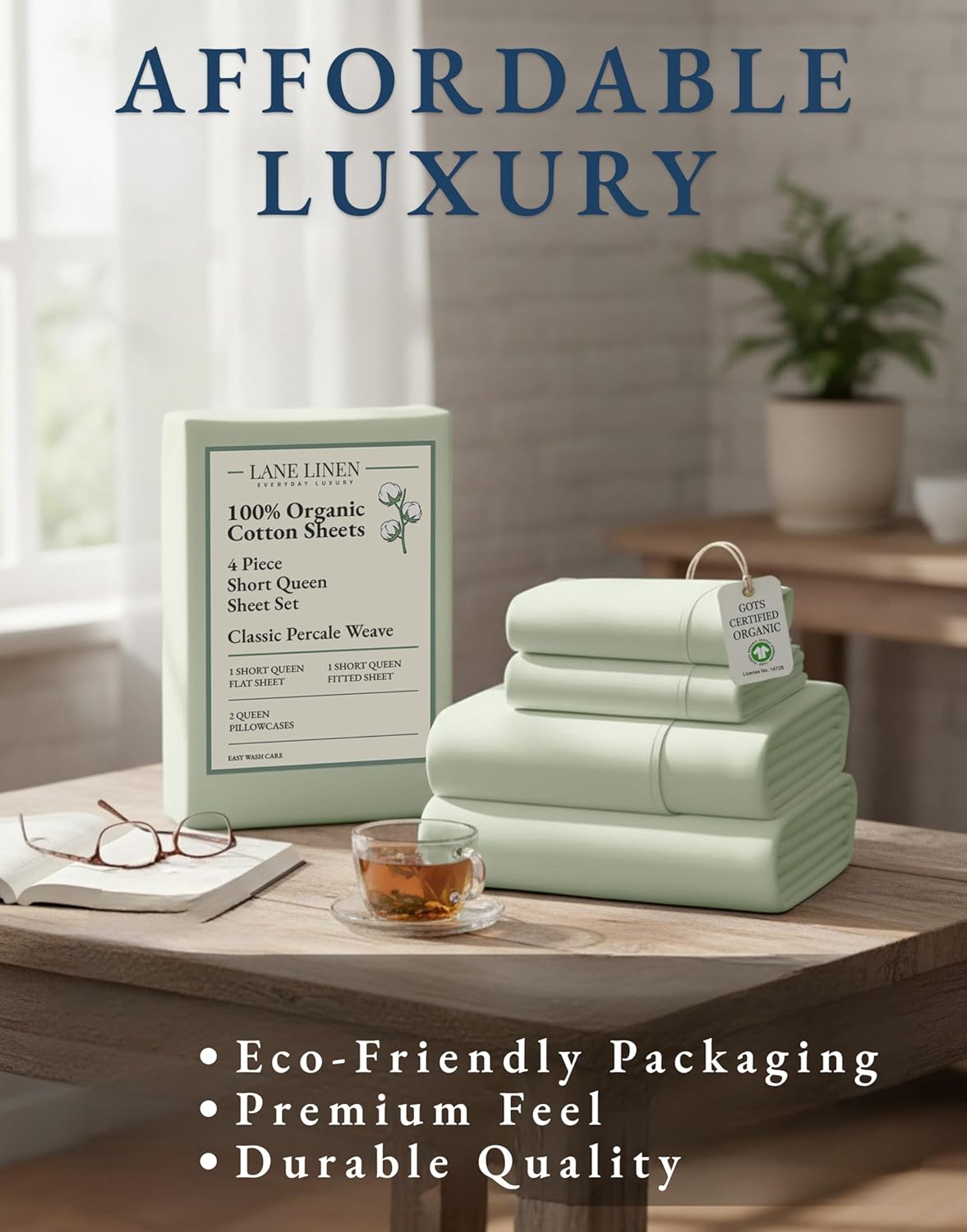 LANE LINEN 100% Organic Cotton Queen Sheet Set - Soft & Breathable Percale Weave, Deep Pocket, Hotel-Quality - Mineral
