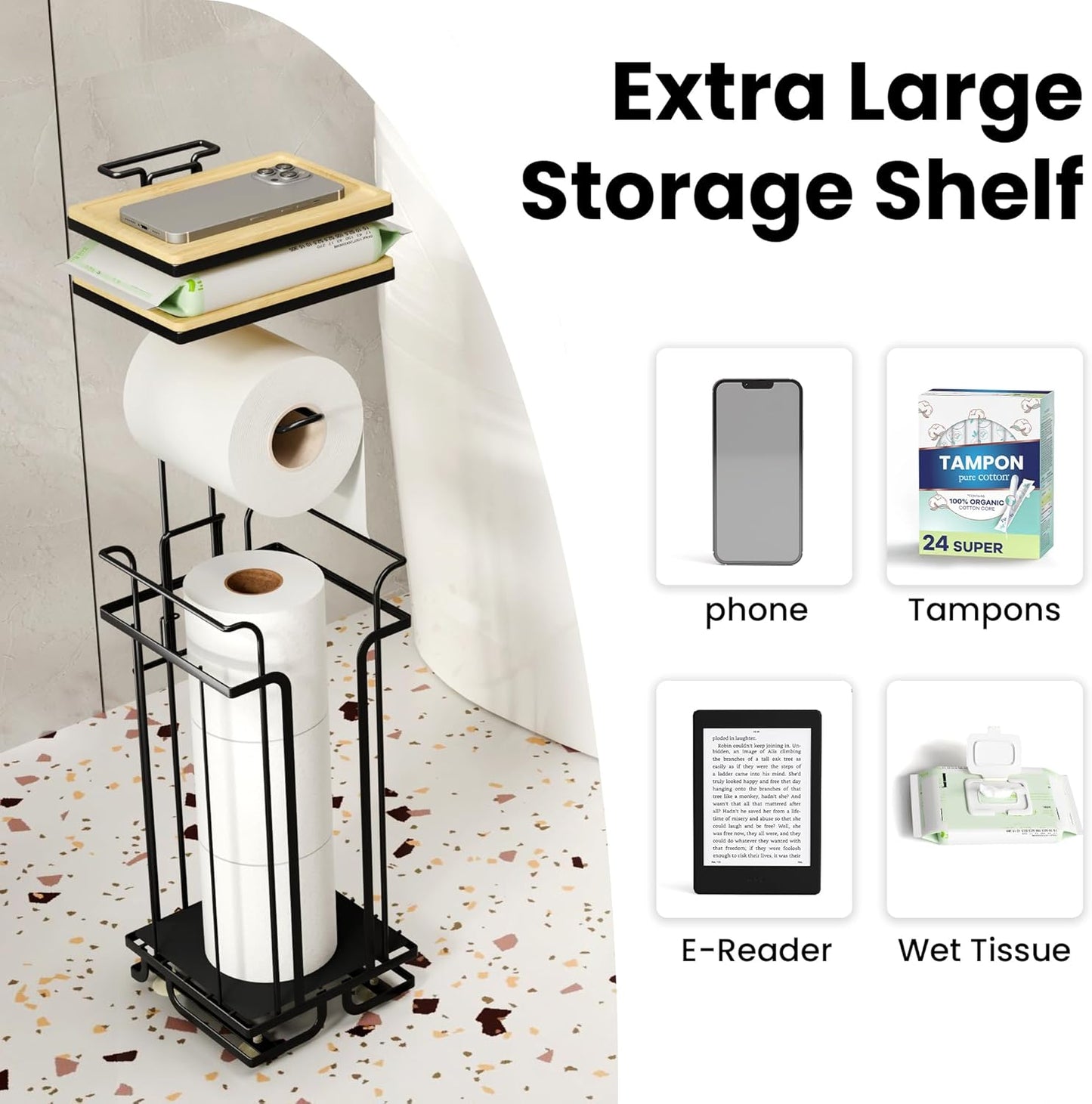 Skiennix Free Standing Toilet Paper Holder - Rustproof Metal Stand with Shelf for 4 Rolls | Black