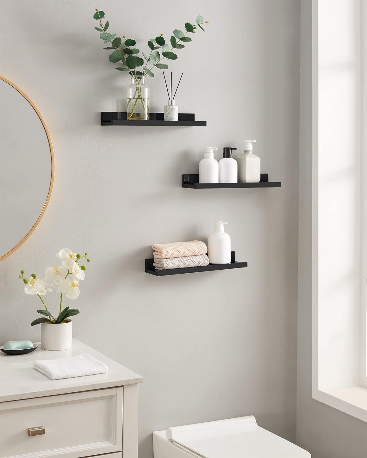 SONGMICS Floating Shelves - Set of 3 Stylish 15-Inch Wall Shelves for Home Decor | Black
