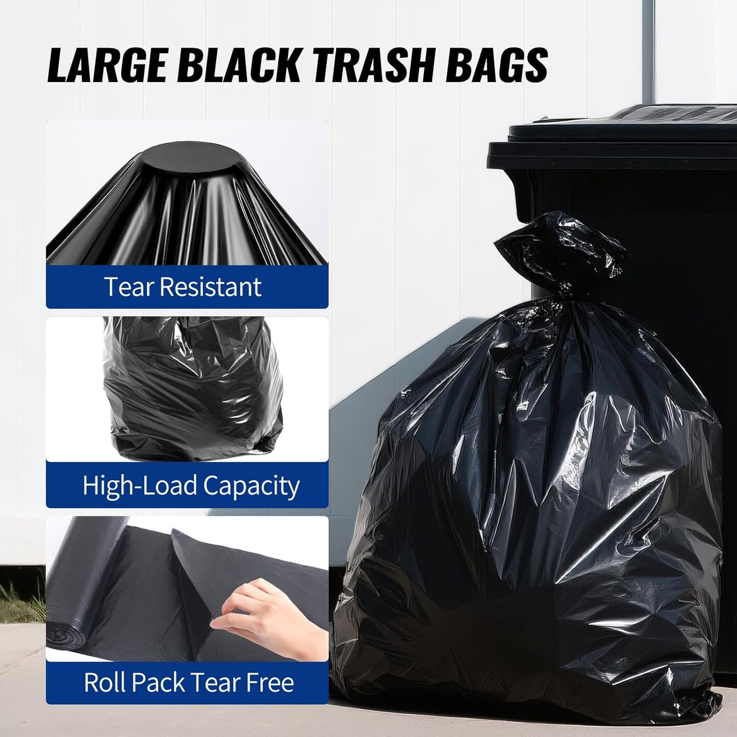 Regine Switzerland 120 Count Trash Bags - Tear-Free 55-60 Gallon Black Garbage Bags for Daily Use | Lightweight 17 Micron Design