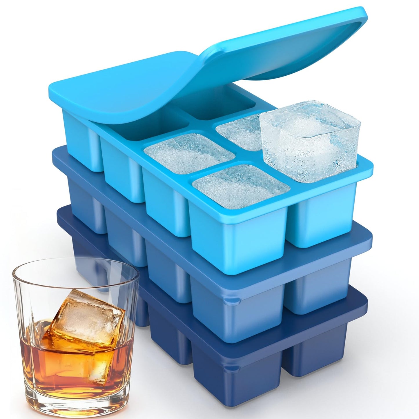Large Silicone Ice Cube Trays with Lids, ZDPMK 3 Pack Large Ice Cube Molds for Whiskey, Easy-Release 2 Inch Square Big Ice Cube Molds for Freezer, Cocktails, Iced Coffee, Baby Food, Dishwasher-Safe