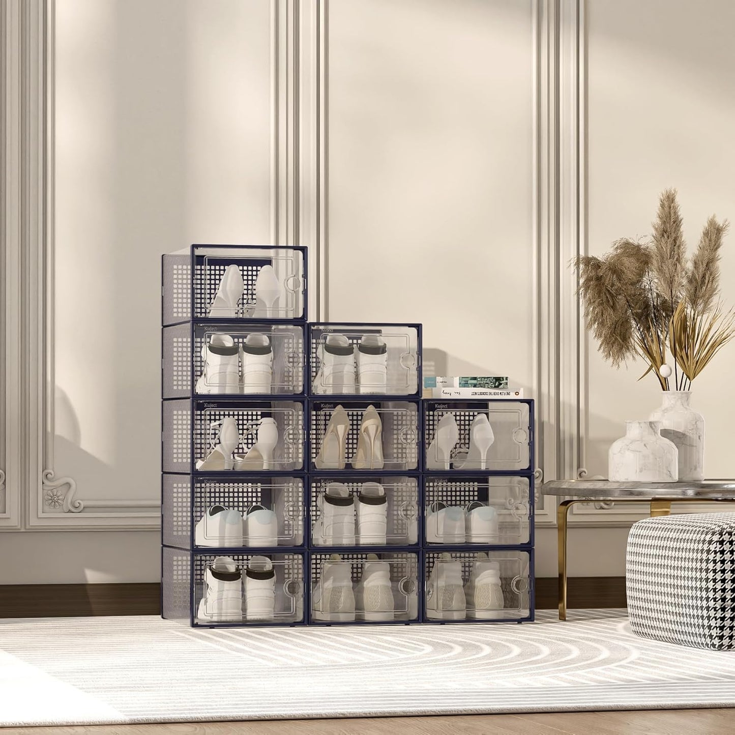 Kuject X-Large Shoe Storage Boxes - Clear Plastic Stackable 12 Pack | Sneaker & Toy Organizer Bins in Blue